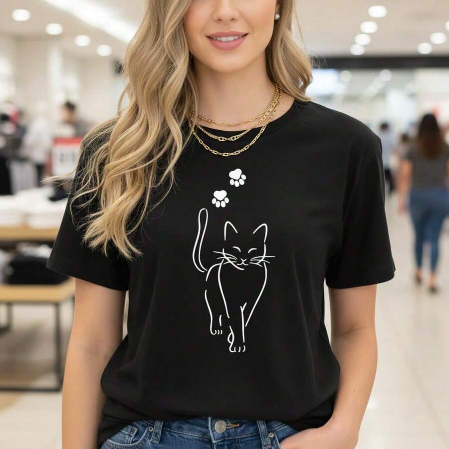 Stylish Everyday Outfits: Women's Pure Cotton T-Shirt With Cat Print, Short Sleeve, Round Neck, Casual Style With Cute Kitten Paw Prints, Loose Fit For Everyday Wear, Various Sizes, Soft And Breathable Cotton Fabric, Fashion Graphic T-Shirt For Cat Lovers, Lightweight Basic Summer T-Shirt, Black/White Color Options, Loose Summer Clothes For Women. - 黑色 - 查看 1
