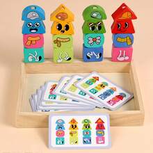 Wooden Expression Face Stacking Blocks With Geometric Shape Matching Challenge Cards, Tabletop Game, Expression Blocks Stacking Game, Children's Early Education Educational Puzzle Stacking Toy, Toddler Focus And Observation Training Educational Toy, Children's Birthday Holiday Gift - Multicolor - View 3