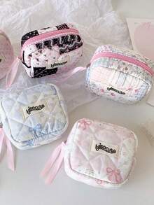 1Pc Kawaii Quilted Mini Storage Pouch With Lace-Up, Floral Bow Print Cosmetic & Sanitary Pad Bag, Portable Travel Organizer For Small Items - Multicolor - View 5