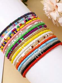 5/20/50pcs/Set Random Color & Style Exquisite Versatile Bohemian Style Colorful Elastic Anklet Set, Fashionable Colorful Beaded Bracelet Set, Suitable For Men & Women Daily Wear, Delicate Beach Jewelry, Perfect Gift For Friends, Besties, Couples, Family, Music Festivals, Mother's Day, Valentine's Day, Thanksgiving, Christmas - Multicolor - View 5