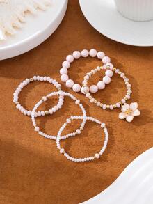5pcs Sweet & Fresh Style Pink Beaded Bracelet Set With Flower Pendant Decor, Layered Bracelets For Women, Versatile For Daily, Commute And Date - Frangipani - View 6