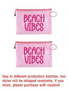 Bolsa de cosméticos de malla impermeable con estampado BEACH VIBES, bolsa de playa de tela de malla multicolor de moda, tema de playa. Bolsa de maquillaje de malla transparente con cremallera de nylon de gran capacidad, organizador de artículos de tocador de viaje ligero, bolsa de almacenamiento portátil para guardar protector solar, cuidado de la piel, herramientas de belleza, aperitivos, bikinis & artículos esenciales de playa, almacenamiento de primavera & verano - Multicolor - Ver 11