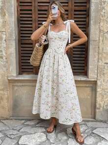 This Elegant Midi Dress Features A Romantic Floral Print, A Halter Neckline With A Bow, A Sweetheart Neckline, A Fitted Waist, And A Full Skirt. Perfect For Spring, Summer, Vacations, And Special Occasions. - 白色 - 查看 3
