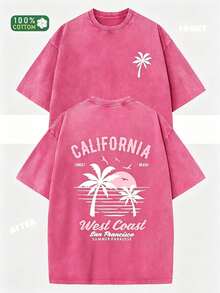 230g Heavyweight Washed Vintage T-Shirt For Women - Loose Fit Round Neck Short Sleeve, California Beach Surf And Palm Tree Print, Casual Summer Wear - 玫紅色 - 查看 9