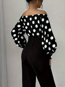 Elegant Women's Off-Shoulder Blouse With Polka Dots And Front Bow - Puff Sleeves, Round Neck, White, Machine Washable, Ideal For Casual Or Semi-Formal Wear In All Seasons - 黑色 + 淺白色 - 查看 2