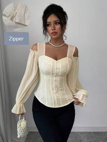 Fashionable Open-Style Design With Long Floral Jacquard Sleeves And Adjustable Shoulder Straps - 杏 - 查看 4