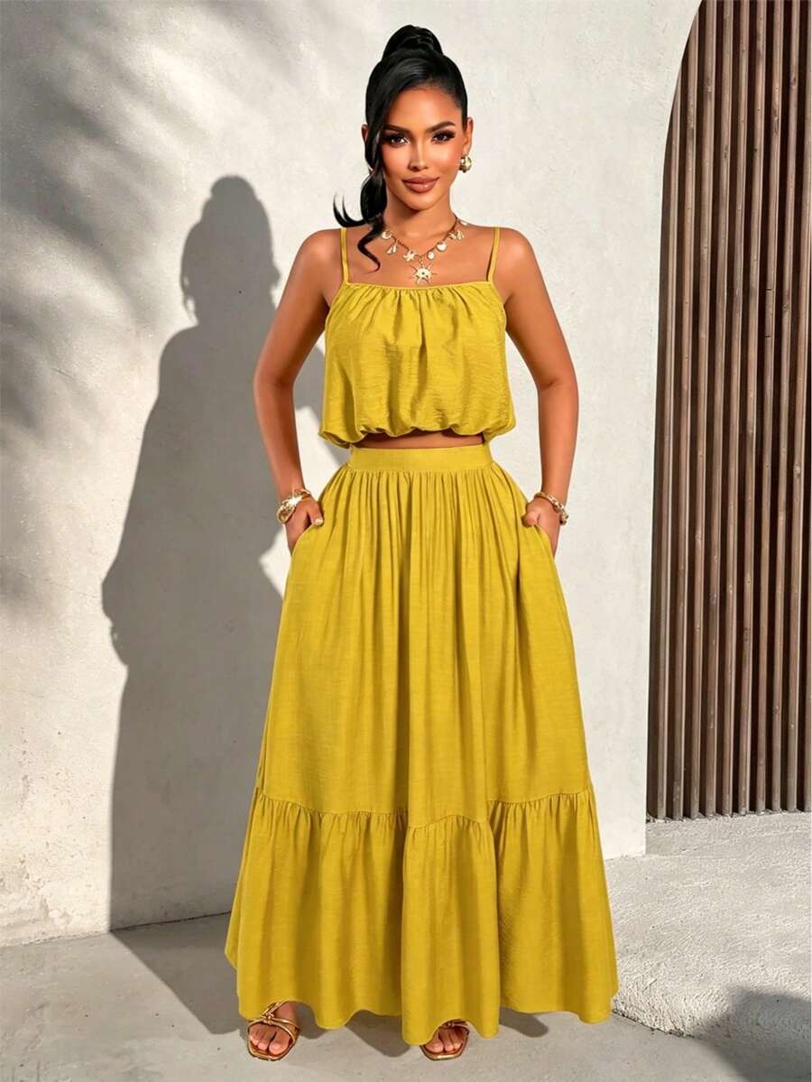 AIJ Amarilo Elegant Women 2 Pieces Set: Spaghetti Strap Crop Top And Pleated Mini Skirt, Backless Design, Suitable For Summer Vacation, Beach And Festivals - Mustard Yellow - View 1
