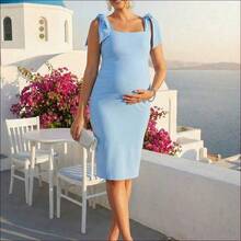 WNST
 Loomaby Vestido de maternidad elegante de unicolor con cuello cuadrado y hombros con lazo, para verano - Azul - Ver 5