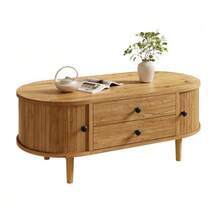 Oval Coffee Table In MDF With Vertical Slats, Sliding Doors And 2 Drawers. - Natural Color - View 1
