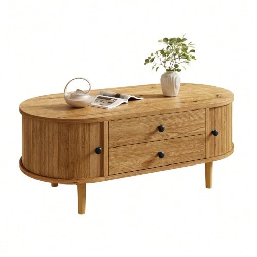 Oval Coffee Table In MDF With Vertical Slats, Sliding Doors And 2 Drawers. - Natural Color - View 1
