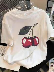 Top de mujer de manga corta y cuello redondo con estampado de cerezas negras, apto para todas las estaciones. - Blanco - Ver 1