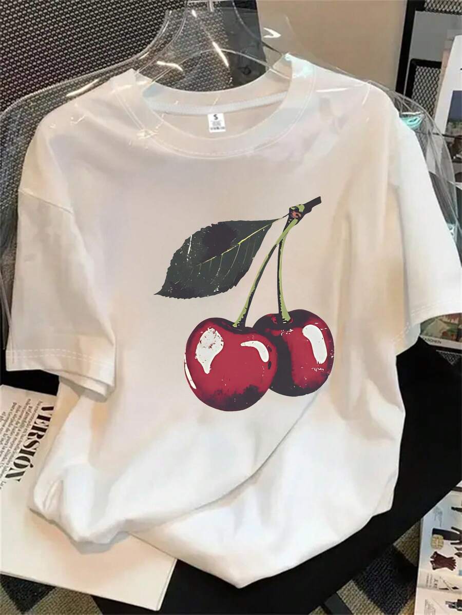 Top de mujer de manga corta y cuello redondo con estampado de cerezas negras, apto para todas las estaciones. - Blanco - Ver 1