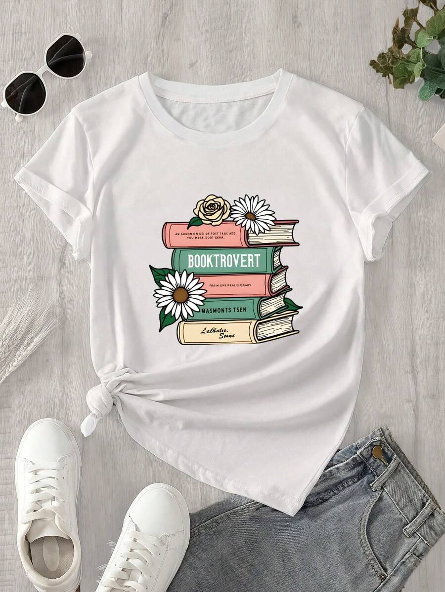 Camiseta de manga corta con cuello redondo para mujer, con estampado floral y diseño de libro, apta para todas las estaciones. - Blanco - Ver 1
