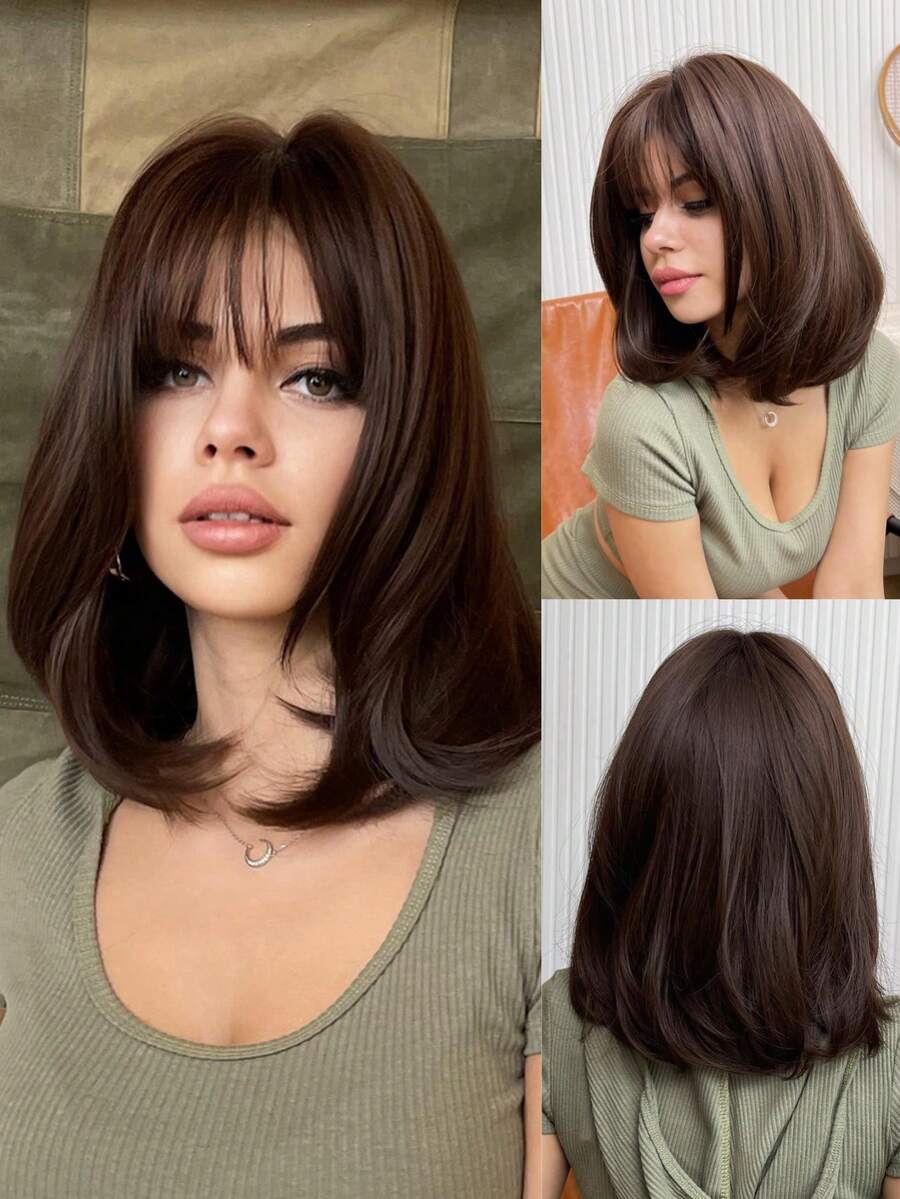 14-Inch Brown Bob Wig: Comfortable And Stylish Synthetic Wig For Women To Achieve A Cute Look Easily,Suitable Head Circumference: 53-58 Centimeters