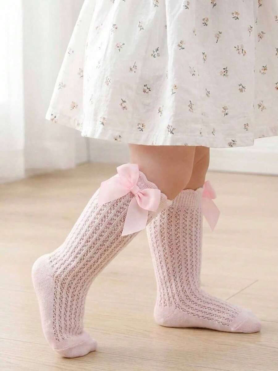 One Pair Of Baby Mesh Bowknot Long Socks Insect-Proof Socks For Summer - Pink - View 1