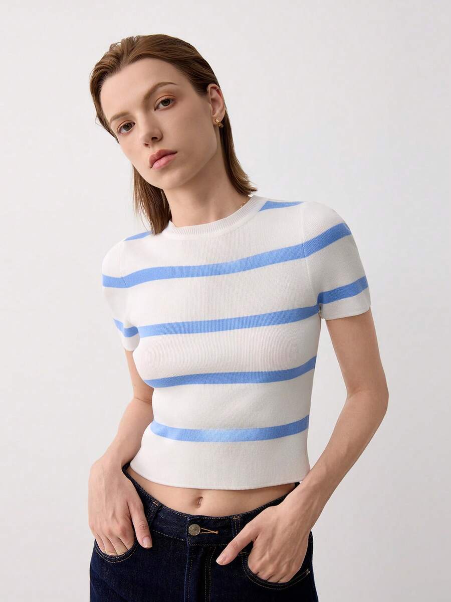Women's Striped Short Sleeve Casual Knit Cropped T-Shirt Summer - Blue and White - View 1