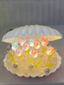 1pc Shell Tulip Night Light, Includes 20 Tulips, Handmade DIY Creative, Battery Powered, Suitable For Living Room, Bedroom Decor, Wedding, Tabletop, Party & Holiday Decor, Exquisite Birthday Gift - Multicolor - View 11