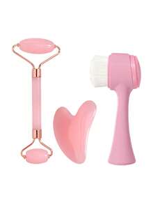 3 PiecesResin Facial Care Set: Dual Roller Massager + Heart-Shaped Gua Sha Board + Double-Sided Cleansing Brush, Home Cleaning Lifting Firming Skincare Beauty Kit - Black Facial Cleansing Set - View 19