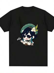 Genshin Impacts T-Shirt Cute Venti Cartoon Graphic Casual Short SLeesve Tee Shirt Female Summer Casual Loose Clothing Top - 黑色 - 查看 1