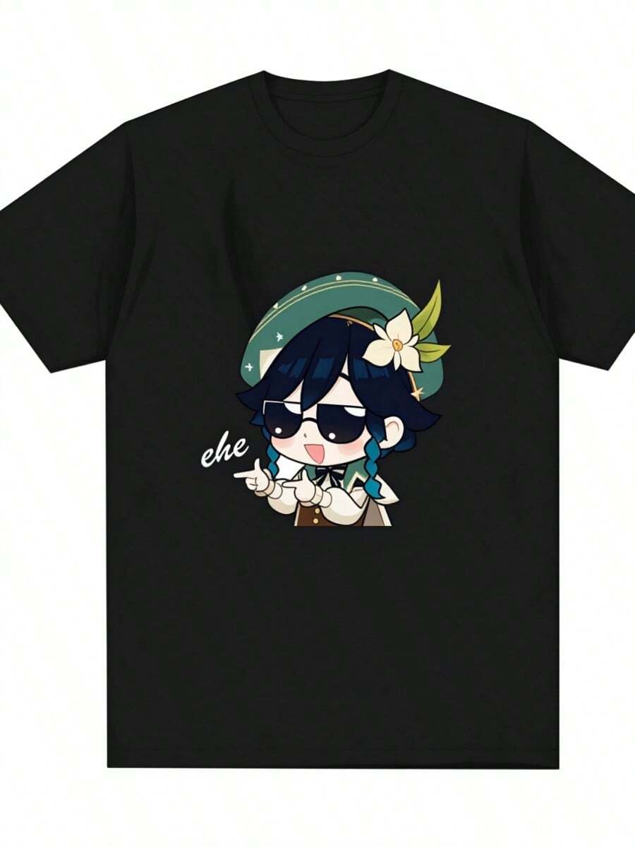 Genshin Impacts T-Shirt Cute Venti Cartoon Graphic Casual Short SLeesve Tee Shirt Female Summer Casual Loose Clothing Top - 黑色 - 查看 1
