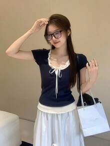 Summer Tie-Dye Contrast Color 2 In 1 Short Sleeve T-Shirt, Ruffle Hem Fitted Textured Blouse For Women - Navy Blue - View 1