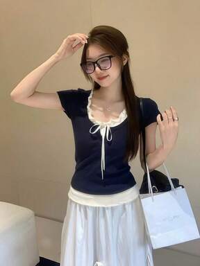 Summer Tie-Dye Contrast Color 2 In 1 Short Sleeve T-Shirt, Ruffle Hem Fitted Textured Blouse For Women