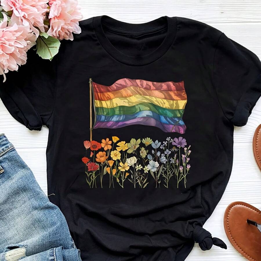 Pride Flag Flowers Shirt BT Porotton Tee - 黑色 - 查看 1