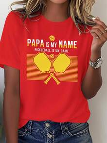 Women's Pickleball T-Shirt - Slogan "Dad Is My Name, Pickleball Is My Game" With Racket Design - 100% Casual And Comfortable Style - Racket And Ball Print - Suitable For Casual Wear In All Seasons, Ideal For Pickleball Enthusiasts - Machine Washable - Black With Yellow Lettering - Perfect For Racket Lovers - Loose Fit With Racket And Ball Print - Soft And Breathable Fabric - Ideal Choice For Pickleball Games - 100% Cotton - Red - View 1