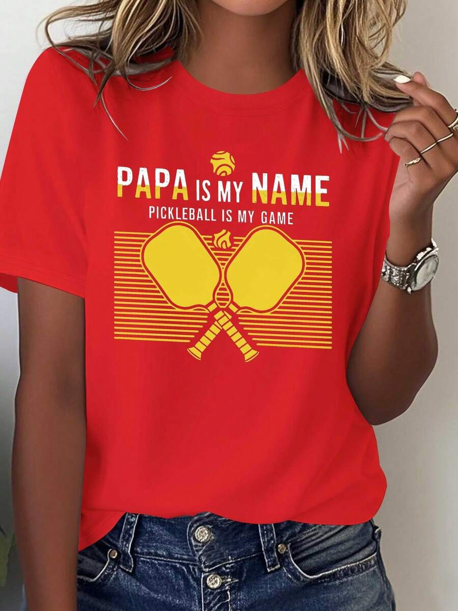 Women's Pickleball T-Shirt - Slogan "Dad Is My Name, Pickleball Is My Game" With Racket Design - 100% Casual And Comfortable Style - Racket And Ball Print - Suitable For Casual Wear In All Seasons, Ideal For Pickleball Enthusiasts - Machine Washable - Black With Yellow Lettering - Perfect For Racket Lovers - Loose Fit With Racket And Ball Print - Soft And Breathable Fabric - Ideal Choice For Pickleball Games - 100% Cotton - Red - View 1