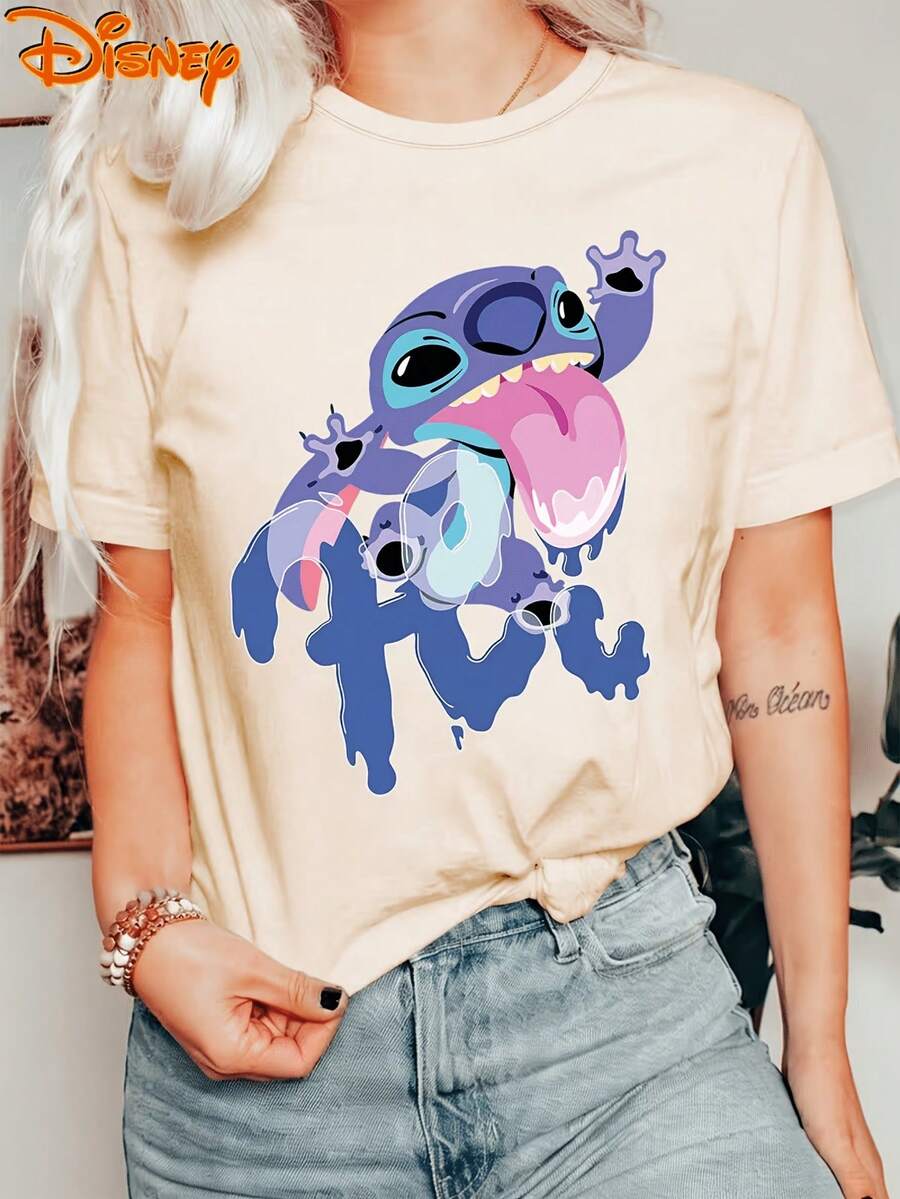 Disney Lilo & Stitch Tongue Out Drip Graffiti Letter Funny Cartoon 100% Cotton Crew Neck Short Sleeve Casual Graphic Tee For Women Daily Outfit Tops - 杏色 - 查看 1