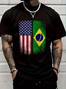 T-shirt med brasiliansk-amerikansk flagga, tryckt med "Bandera Brasil Bandeira"-design, kortärmad, rundhalsad, ledig topp, lämplig för alla årstider, herrkläder, sommarkläder för män, herr-T-shirt, unisex. - Svart - Visa 1