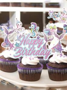 17pcs Mermaid Theme Cupcake Decorations, Mermaid Birthday Party Cupcake Decorations, Ocean Creature Mermaid Tail Pattern Cake Decorations, First Birthday Cake Decorations, Mermaid Birthday Party Decorations, Baby Shower Party Decorations, Birthday Party Supplies, Underwater World Party Decorations, Ocean Theme Birthday Decorations, Birthday Gifts, Party Favors - Mermaid - View 7