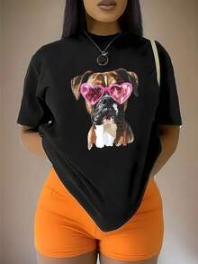 Algodón Chic y: Camiseta de Talla con Estampado de Perro y Corazón, Cuello Redondo Casual, Manga Corta, Camiseta Gráfica con Letras para Mujer, para Uso Diario y Regalos, Camiseta Negra Oversize con Diseño de Gafas de Corazón Rosa, Perfecta para Vacaciones y Atuendos Casuales, Camiseta de Estilo Casual. |   Top Casual Divertido |   Talla Fi% Algodón% Algodón YM0J - Negro - Ver 1