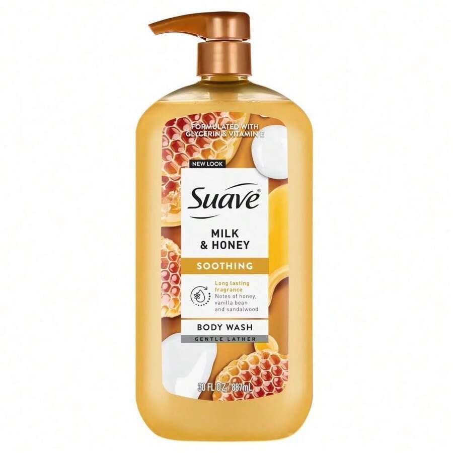 Family Pack Large Capacity For Home Use Suave Essentials Milk & Honey Body Wash, Glycerin & Vitamin E Infused, Vanilla Honey & Sandalwood Scent, Rich Creamy Lather, Gentle Hydrating Cleanser, Paraben-Free & Cruelty-Free For Whole Family Daily Use - Default 30 FL OZ - View 1