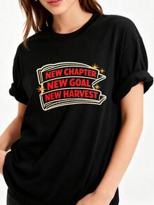 Talla Grande Premium - Camiseta de Cuello Redondo 100% para Mujer, Estilo Casual Urbano, Diseño Gráfico 'Nuevo Capítulo, Nuevas Metas, Nuevos Logros', Ideal para Primavera y Verano, Regalos de Graduación, Ecológica - Negro - Ver 1