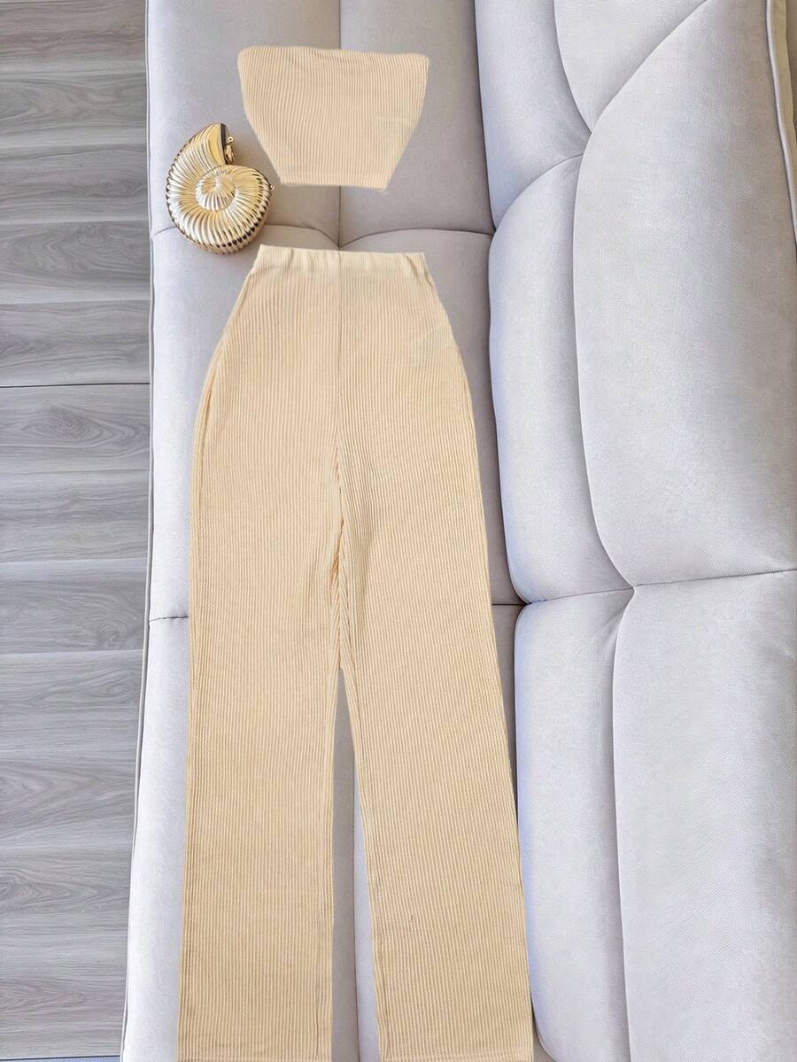 Women's Summer Elegant Yellow Bandeau Top And Skinny Casual Pants Knit Stretchy Outfit, Party/Gym - Light Yellow - View 1