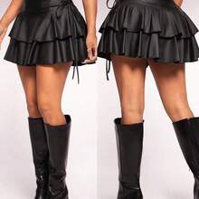 Minifalda con cintura elástica y cordón, con tela de PU recubierta, estilo casual y sexy, con volantes en el bajo, adecuada para uso diario, festivales de música, conciertos, fiestas de carnaval, citas, cumpleaños, fiestas de solteros, clubes, looks casuales lindos, compras, moda callejera, salidas, elegante, fácil de combinar, silueta favorecedora - Champán - Ver 2