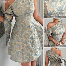 jianchaimaoyi02  Vestido mini asimétrico de hombro con cintura recogida, decoración de lazo y tela jacquard, elegante para fiesta/cita, primavera/verano - Verde - Ver 2