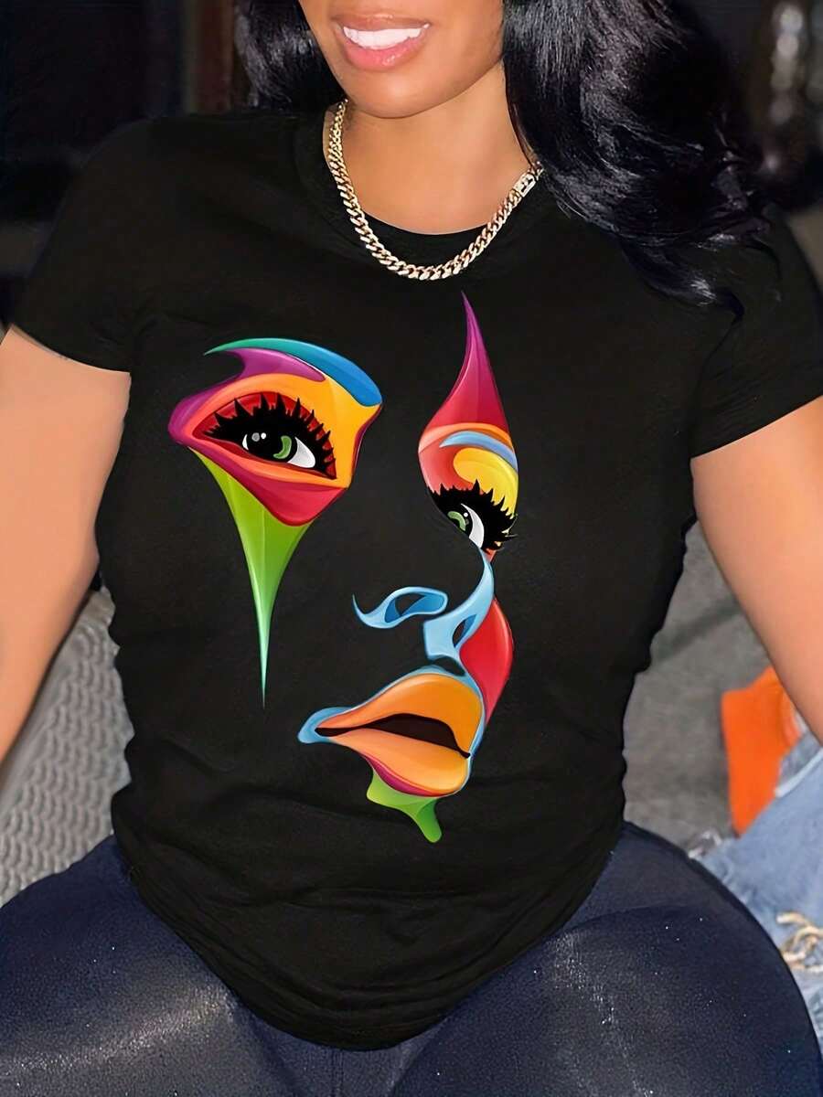 Plus Size Abstract Face Art Graphic T-Shirt, Women's White Crewneck Tee, Colorful Watercolor Print Casual Summer Top Women's White Casual Crewneck Tee - 後退 - 查看 1