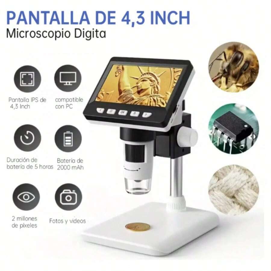 Microscopio digital HD con pantalla de 4,3 pulgadas, resolución 1080P y aumento de 1000X. Microscopio electrónico de sobremesa para mantenimiento industrial. - A - Ver 1