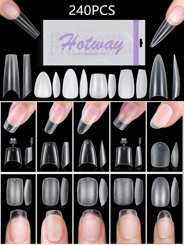 HOTWAY 240pcs Transparent Frosted Acrylic False Nail Tips, Including Half-Tip Guide Tips And Full-Tip Tips, Multiple Shapes Available - Long Trapezoid, Almond, Oval, Square And Coffin - Suitable For Home DIY Manicure, Nail Salon Use Or As A Gift - Essential Nail Care For Women