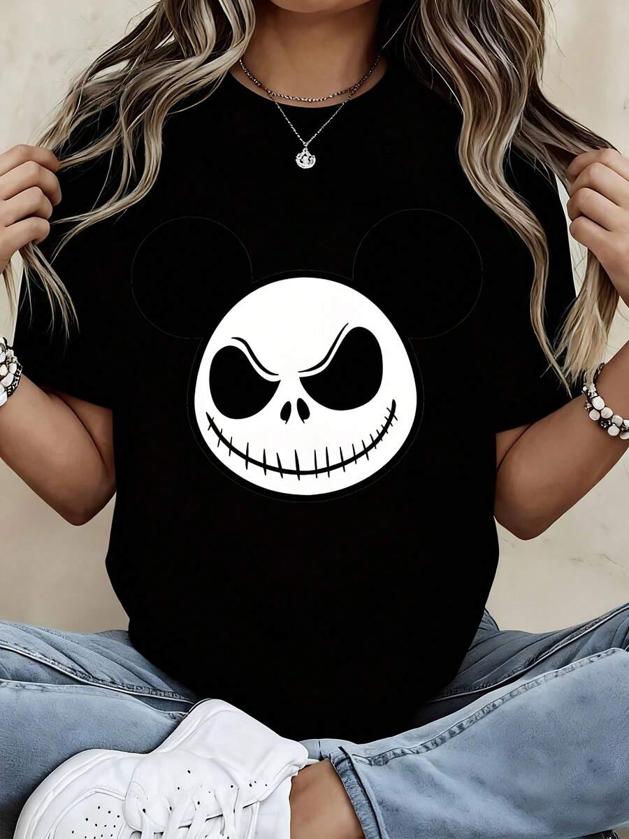 Disney Mickey Mouse Jack Skellington T Shirt Black Halloween Costume Party Casual Wear For Women And Men - 黑色 - 查看 1