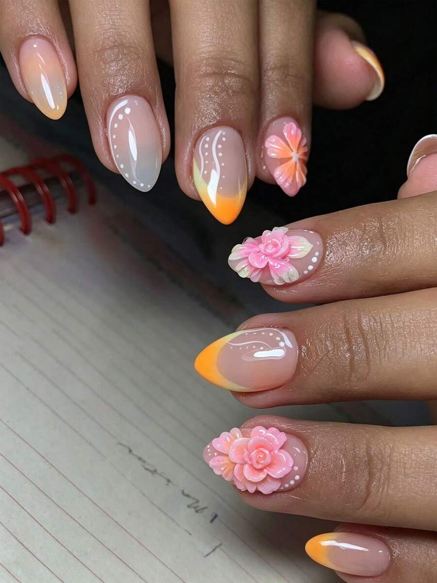 24入夏季島嶼風杏仁形壓克力美甲貼片,3D浮雕漸層花卉紮染法式裝飾設計,亮面全覆蓋假指甲,套組含果凍膠與指甲銼條,適合女性與女孩夏季海灘度假及日常佩戴美甲用品 - 彩色 - 查看 1