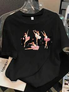 Top de mujer de manga corta y cuello redondo con estampado de bailarinas en rosa y blanco, apto para todas las estaciones. - Negro - Ver 1