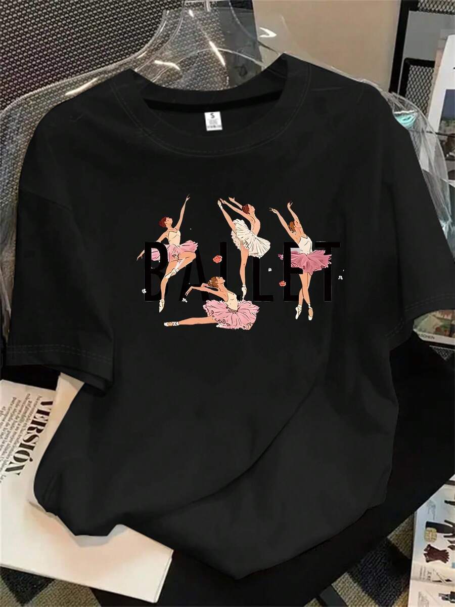 Top de mujer de manga corta y cuello redondo con estampado de bailarinas en rosa y blanco, apto para todas las estaciones. - Negro - Ver 1