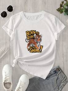 Top de manga corta con cuello redondo y estampado de tigre para mujer, ideal para brillar con luz propia y apto para todas las estaciones. - Blanco - Ver 1