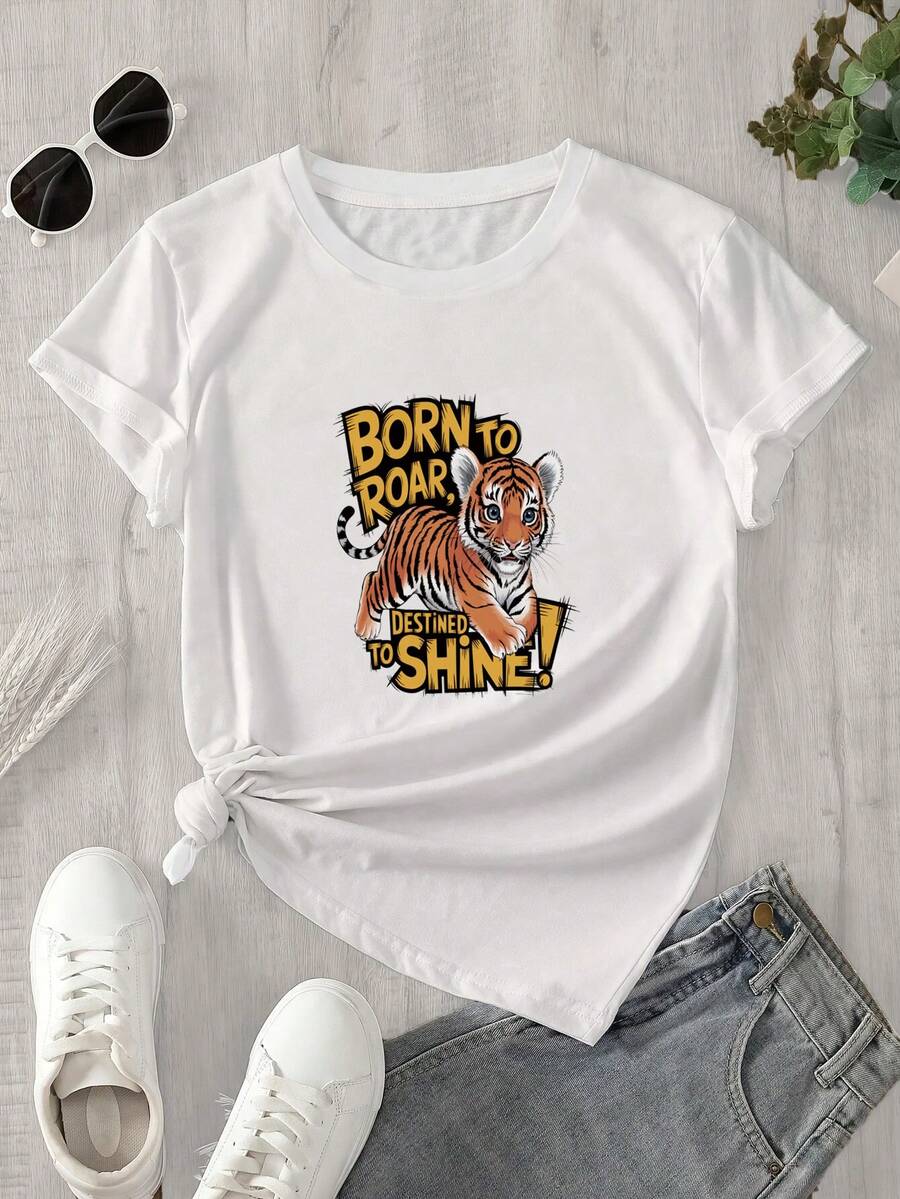 Top de manga corta con cuello redondo y estampado de tigre para mujer, ideal para brillar con luz propia y apto para todas las estaciones. - Blanco - Ver 1
