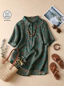 Slimming Stand Collar Linen Ditsy Floral Print Short Sleeve Shirt, Petite Stylish Linen Artistic Top - Green - View 4