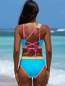 popvil Women One Shoulder Back Cross Straps Neon Color Block Swimwear Mid Waist Bikini Set For Summer Holiday Vacation Beach - Baby Blue - View 4