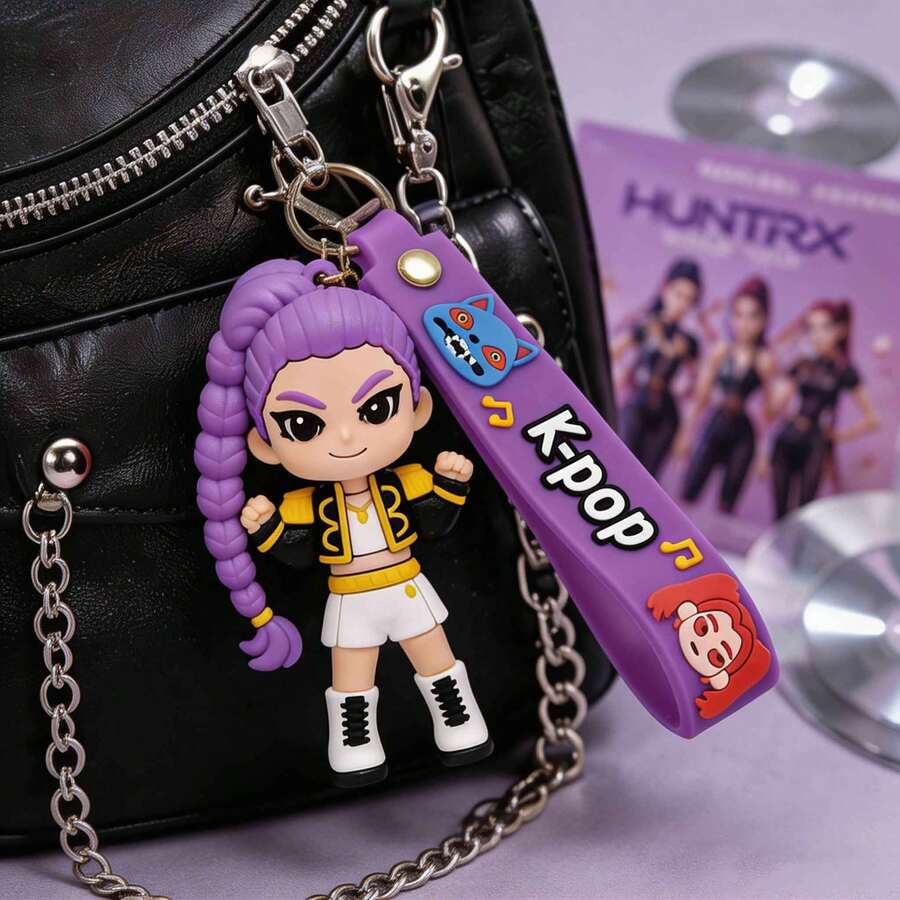 MINISO Hunter Squad K-Pop 娃娃吊飾 紫色頭髮女孩造型鑰匙圈 附紫色掛繩 可愛動漫包飾 背包掛飾 車鑰匙配件 開學禮物 - 樣式 2 - 查看 1
